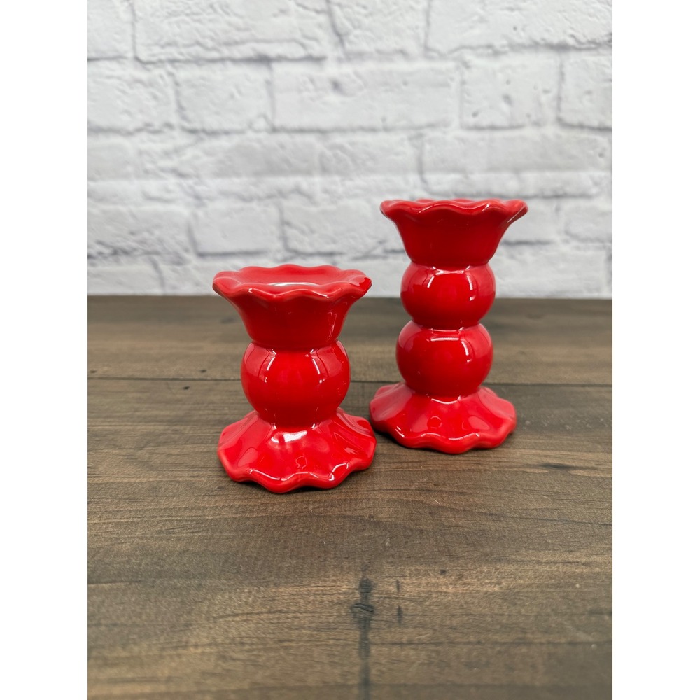 My Texas House Red Ceramic Taper Candle Holder Set Scalloped Glossy Set of 2